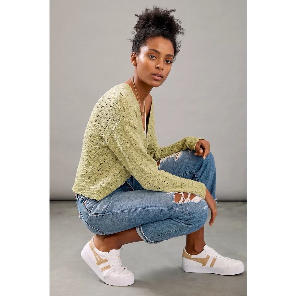 Light Green Women's V-Neck Knit Cardigan Sweater - Picture 5 of 11